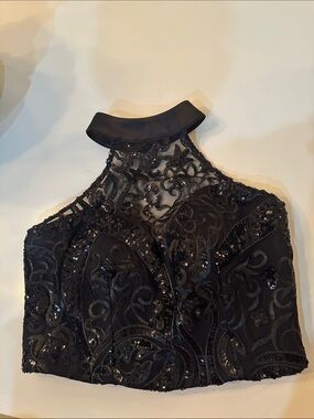 Vintage Sharon Delicate High-Neck Black Sequin Crop Top